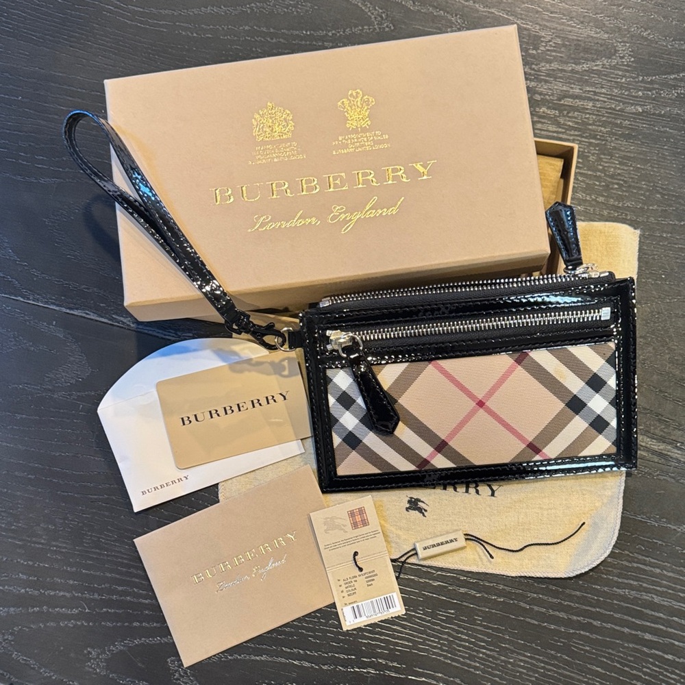 Burberry Beige and Black Plaid Patent Leather Wristlet
